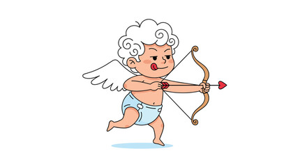 Fototapeta premium Playful cupid character with white wings and a golden bow aims a heart tipped arrow to spread love and romance.