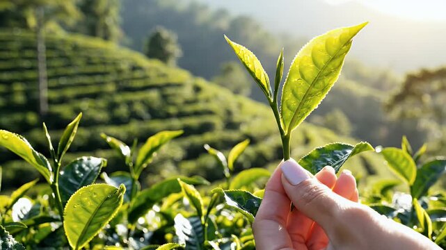 Delicate tea leaf held by hand amidst lush, sunlit plantation rows