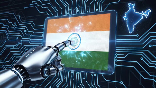 Robot arm touches Indian flag on tablet, digital map glows in circuit background