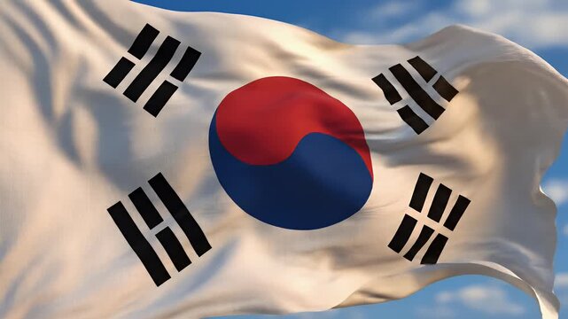 A close-up of a white flag with red, blue, and black trigrams and a central yin-yang symbol