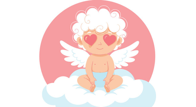 Adorable baby cupid with heart shaped eyes sits comfortably on a soft white cloud in a pink circular frame.
