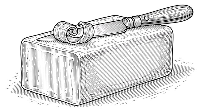 Engraving illustration of a block of butter with a butter knife