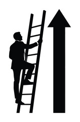 Vector silhouette of a man climbing a ladder with an upward arrow in the background