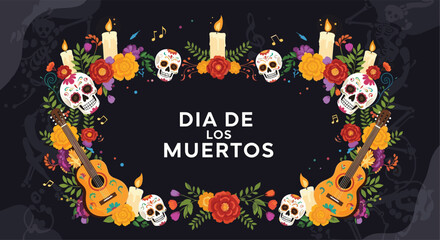 Naklejka premium Vibrant day of the dead frame features decorated sugar skulls guitars marigold flowers and candles on a black background.