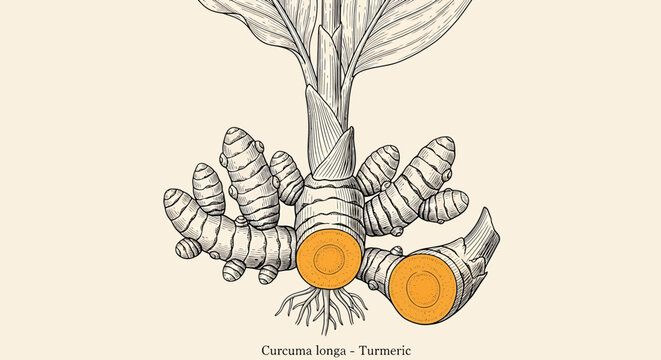 Vintage botanical illustration of curcuma longa turmeric plant with rhizomes and roots