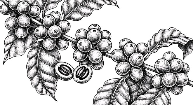 Coffee branch with coffee berries and leaves hand drawn illustration