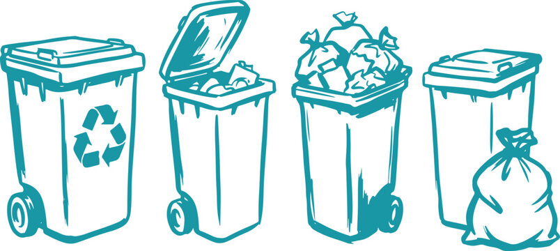 Hand Drawn Recycling Trash Bins Set Waste Management Sketch Vector Illustration.
