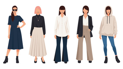Fototapeta premium Group of five women wearing diverse casual and business casual outfits including skirts trousers shirts and a hoodie in neutral tones.