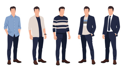 Fototapeta premium Collection of five male figures showing different clothing styles ranging from casual everyday wear to formal business suits.