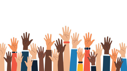 Obraz premium Multiple hands of various skin tones and clothing styles raised in the air representing diversity, inclusion, and unity.