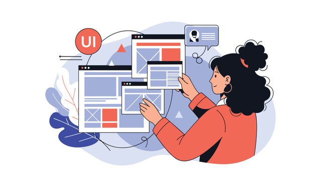 Female UI designer arranging various web browser windows and interface elements to create a digital user experience.
