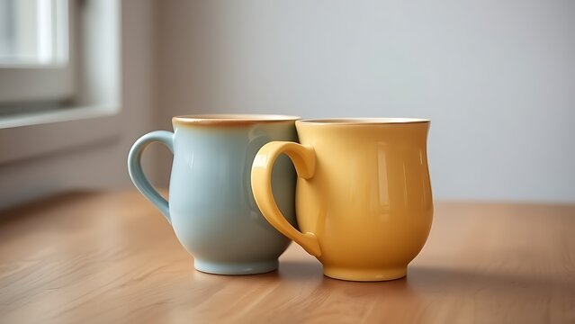 Two ceramic mugs of different colors interlocked on a wooden table. bar promotions, beverage menus, designed for product packaging and bar promotions, used by logistics managers.