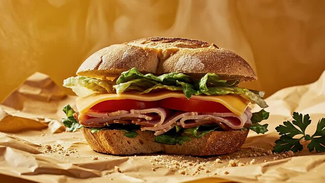 Hearty sandwich piled high with fresh ingredients, presented on parchment