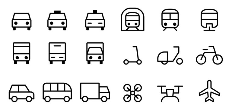 車・自動車・交通手段・乗り物の編集可能なライン線画アイコン