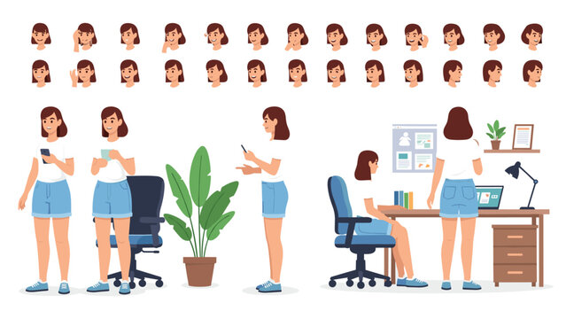 Comprehensive character sheet of a young woman in various poses like walking, sitting, and working with different expressions.