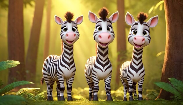 Three smiling zebra characters standing in a sunlit jungle forest, 3D animated style illustration of African safari animals