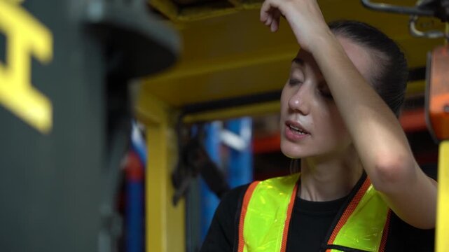 Exhausted Caucasian female warehouse worker sitting on forklift feeling dizzy. Tired operator wiping sweat and about to faint after hard labor in industrial logistics facility.