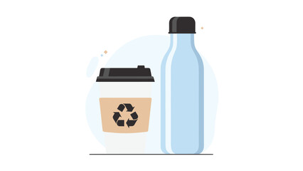 Obraz premium Environmentally friendly reusable coffee cup with recycle symbol and a reusable water bottle to reduce plastic waste.