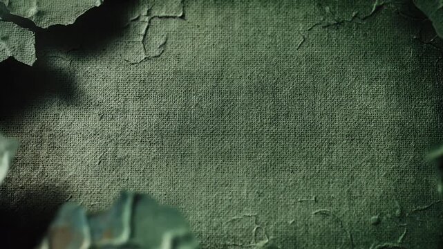 Close-up of cracked, peeling paint on a textured canvas surface