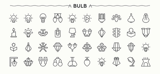 Bulb vector icon set. Outline icons collection. Pictograms of intelligence, light, innovation, plan, knowledge, creativity, brain. Editable stroke. Knowledge line icon set. © Rubbble