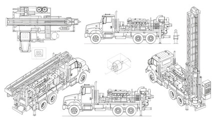 Obraz premium Truck-Mounted Well Drilling Rig AutoCAD Blueprint Vector – Multi-View Industrial Drilling Machinery Technical Drawing