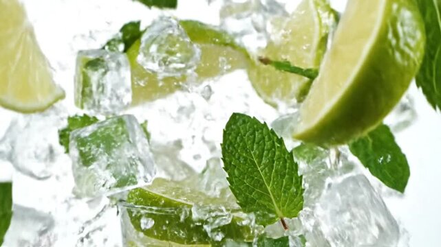Dynamic splash of cool water with zesty lime, fresh mint, and icy cubes, creating a vibrant and refreshing sensation for a perfect summer drink or cocktail