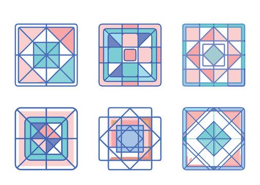 Collection of six square quilt block designs with various geometric patterns