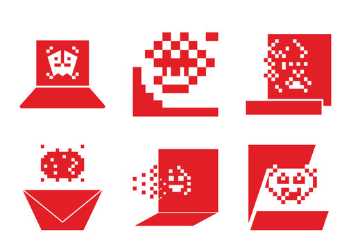 Pixelated red retro gaming and space invader inspired icon set on white