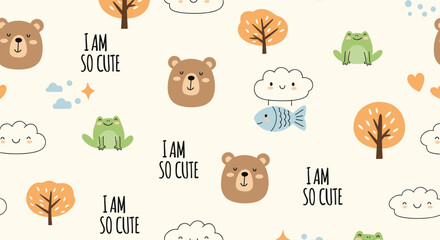 Fototapeta premium Adorable nursery seamless pattern with bears frogs fish clouds and trees on a warm cream background for kids decor.