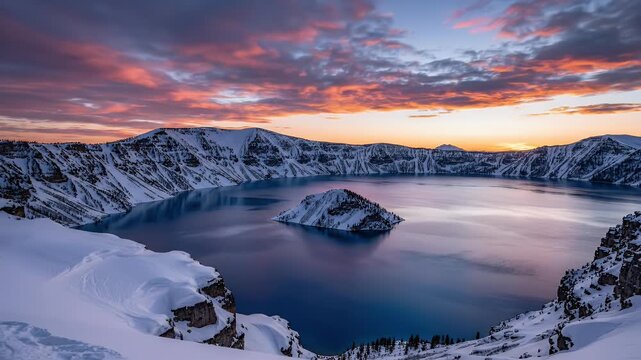 Snow-capped caldera lake reflects a vibrant sunset sky