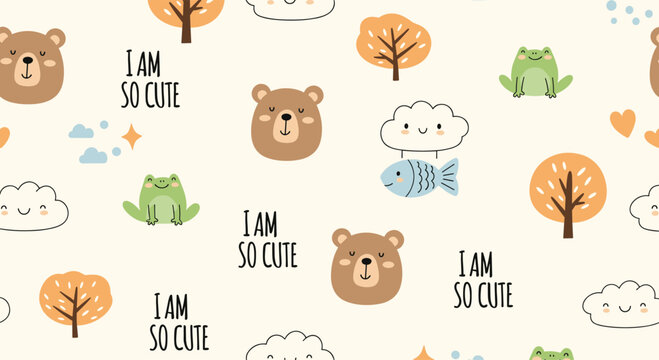 Adorable nursery seamless pattern with bears frogs fish clouds and trees on a warm cream background for kids decor.