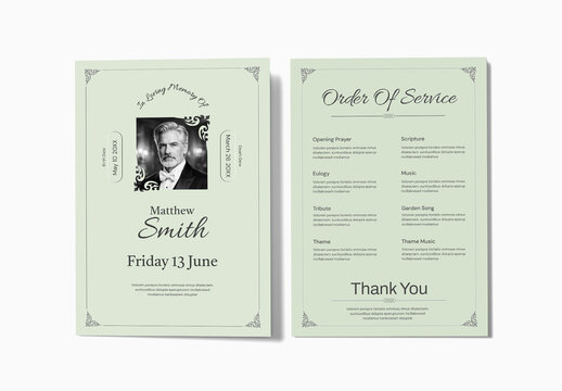 Elegant Funeral Obituary Program Template with Green Floral Accents