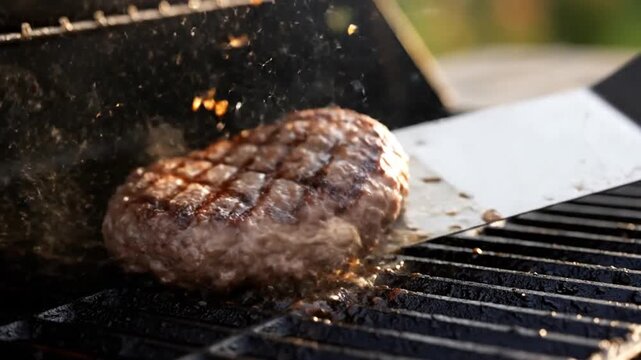 Close-up view of a juicy, grilled beef patty being flipped on a barbecue grill with hot coals visible beneath the grates, highlighting the delicious sizzle and char marks