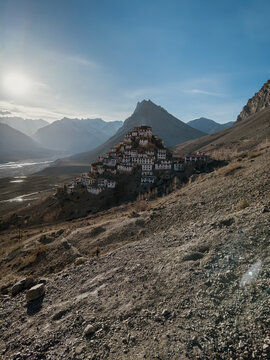 Picturesque view of the Key Gompa Monastery (4166 m) at sunrise. Spiti valley, Himachal Pradesh, India.