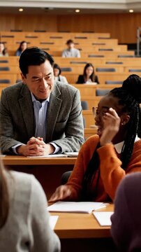 Instructor speaks to students in a large classroom during a lesson at a university in the afternoon