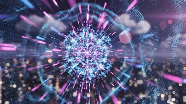 Abstract digital network globe emitting light rays over night city skyline background