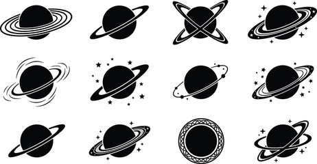 Black silhouette vector set of Saturn planets with rings and stars in various celestial styles for outer space galaxy astronomy and science education design © Dhanu