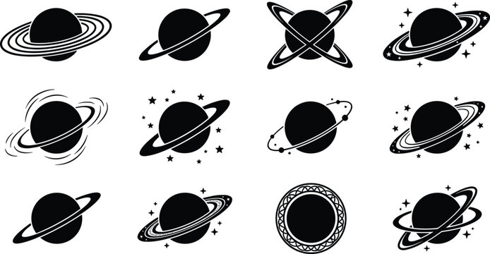 Black silhouette vector set of Saturn planets with rings and stars in various celestial styles for outer space galaxy astronomy and science education design