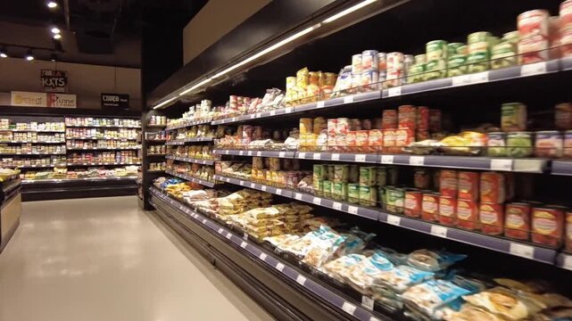 Illuminated supermarket aisles stocked with a wide variety of grocery products and packaged goods, showcasing a modern retail environment