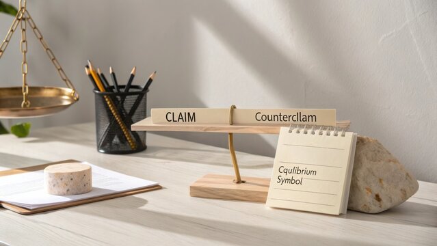 Wooden Balance Scale with Claim and Counterclaim Signage on Minimalistic Desk Workspace with Stationery and Notepad