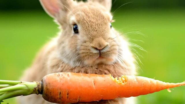 Adorable fluffy brown rabbit contentedly enjoying a crisp, fresh orange carrot snack in a lush green outdoor natural setting