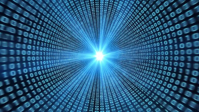 A bright light pierces a dark tunnel of blue digital binary code