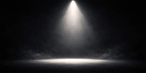 A bright spotlight pierces the dark night sky to illuminate the stage backdrop where a storm of fog and smoke creates a textured design of blue clouds against the black moon © Alpha Designs
