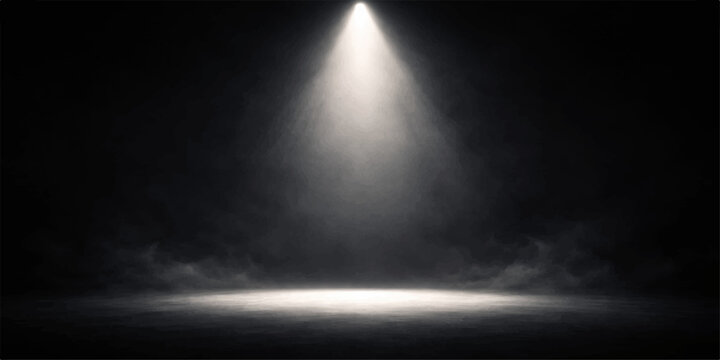 A bright spotlight pierces the dark night sky to illuminate the stage backdrop where a storm of fog and smoke creates a textured design of blue clouds against the black moon