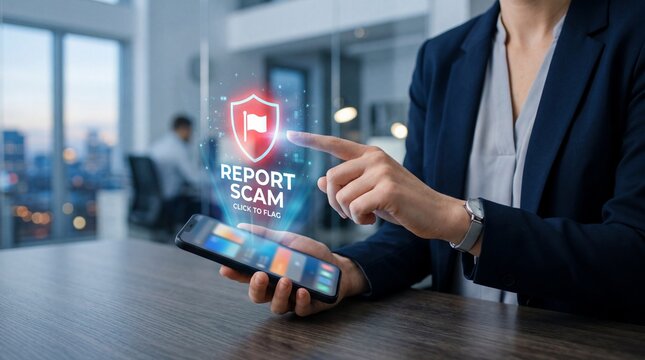 Businessperson reporting scam on smartphone with digital shield AI Cybersecurity Scam Prevention concept