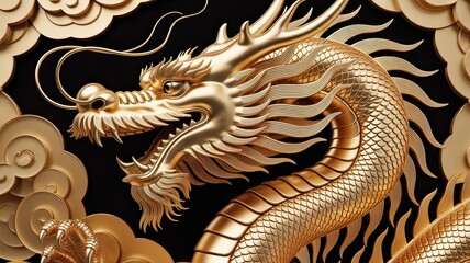 Detailed Golden Dragon Sculpture with Intricate Scales and Stylized Clouds on Dark Background