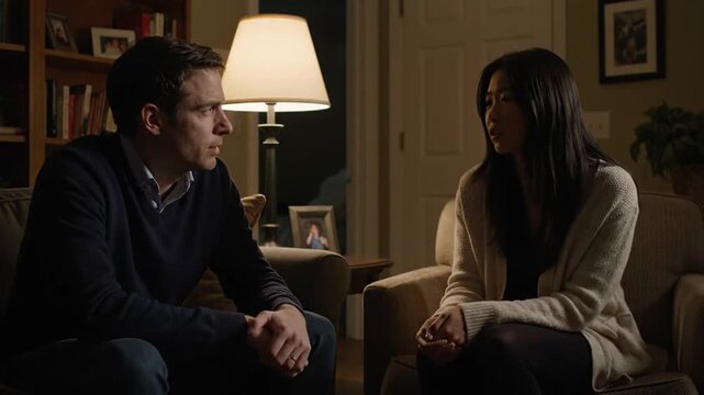 A couple sits in a living room and discusses problems, showcasing a moment of tension and introspection during a conversation