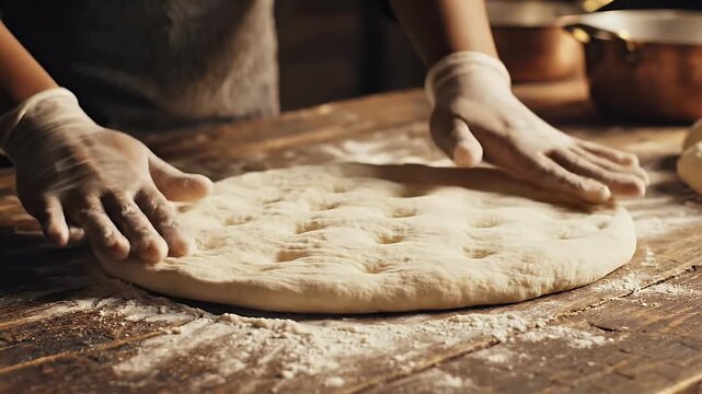 Hands wearing gloves knead dough on a floured wooden surface