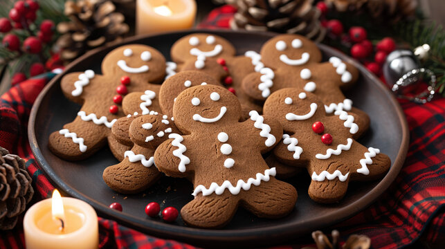A plate of decorated gingerbread men on a festive holiday table