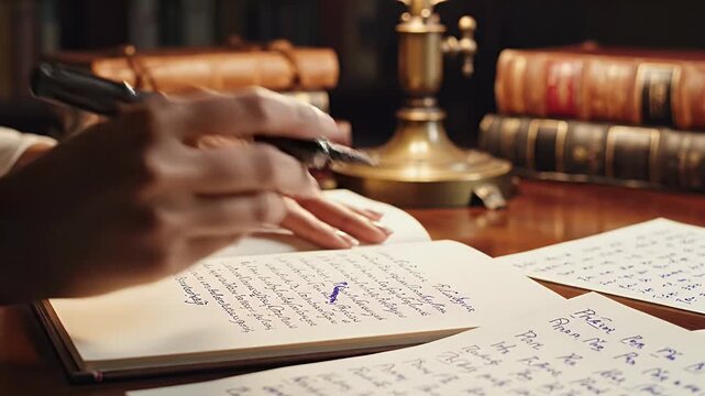 Close-up of a hand writing with a fountain pen in a journal, surrounded by books
